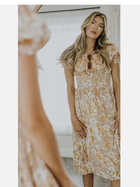 Roolee Dresses & Skirts - Roolee Cream and Yellow Floral Smocked Midi Dress with Puff Sleeves size Small